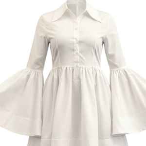 Vestido de Popelina Blanco para Mujer, con Botones, Manga Larga, Corte Campana, Elegante, Casual, Estilo Boutique - Product Image 5