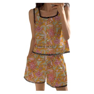 Conjunto de Pijama de Shorts con Encaje Indio al por Mayor para Fabricantes, Estampado Floral Hecho a Mano, Sin Mangas, Primavera/Verano - Product Image 4