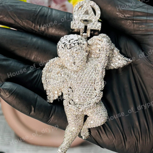 Iced Out <b>Silver</b> Angel <b>Pendant</b> VVS Moissanite Diamond Cherub <b>Pendant</b> Hip Hop Jewelry Custom <b>Initial</b> Bail - Product Image 1