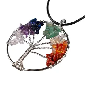 Nuovo sette Chakra Wire Rapped Life Tree Pendant Life Tree Gemstone Lucky Charm Tree Of Life Silver Wire Gemstone Pendent