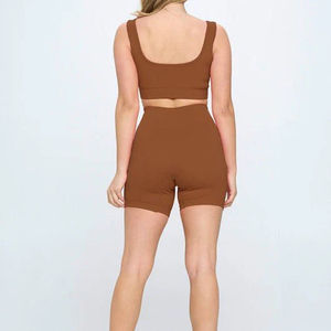 Conjunto Deportivo de Dos Piezas para Mujer, Top Deportivo de Punto Marrón sin Mangas con Cuello en V y Pantalones Cortos, Ropa Deportiva para Primavera/Verano - Product Image 5