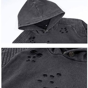 Men Hoodie with Raw <b>Edges</b> and Embroidered Details Pigment Dyed Men Distressed Embroidered Hoodie - Product Image 4