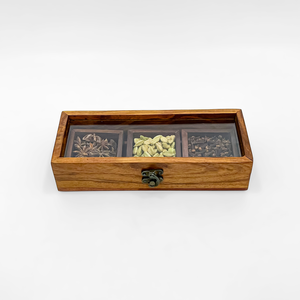 Wooden Spice Organizer <b>Box</b> with Leak Proof Design Dishwasher With 3 Compartments Glass Lid <b>Herb</b> Storage Container - Product Image 1