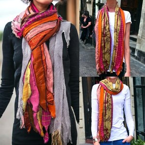 Indian Silk Sari Scarf – Colorful Recycled Vintage Silk Neck Wrap, Handmade Boho Fashion <b>Accessory</b> - Product Image 2