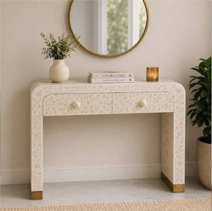 Console de salon en os de nacre vert foncé, richement décorée de motifs floraux et dotée d'arches latérales, disponible à prix de gros. - Product Image 2
