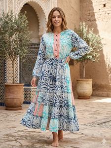 Vestido Maxi de Seda Tejida Estilo Bohemio Coreano Y2K con Diseño Geométrico, Talla Única, Cuello Redondo, Manga Larga, para Uso Diario, Dulce y Veraniego - Product Image 2