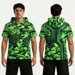 Camiseta Deportiva de Manga Corta con Capucha, Sublimada con Diseño Abstracto Azul Marino, en Poliéster con Tela Transpirable que Absorbe la Humedad - Product Image 6