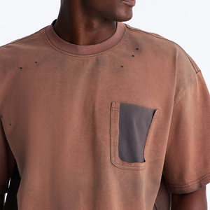 Camiseta de Algodón Marrón Extra Grande para Hombre, Personalizada al por Mayor, con Bolsillo en Contraste, Cuello Redondo, Manga Corta, Estilo Casual - Product Image 3