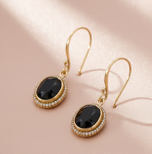 Hermosos y Elegantes Pendientes Ovalados de Ónix Negro en Plata de Ley 925 con Baño de Oro de 18K, Joyería de Moda a Precio de Mayoreo - Product Image 3