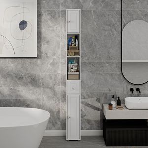 Mobiletto da Bagno Alto e Sottile da 180 cm, Autoportante, con 1 Cassetto, 2 Ante e 4 Ripiani Regolabili Bianchi - Product Image 4