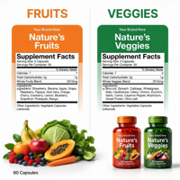 Compléments alimentaires à base de fruits et légumes sous marque privée, fabriqués avec des superaliments entiers et 90 capsules de légumes et 90 capsules de fruits