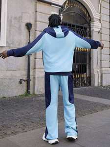 Mens Light Blue and Navy Blue Contrast Full-<b>Zip</b> <b>Hooded</b> Sweatshirt and Matching Pants Tracksuit OEM ODM Wholesale Apparel - Product Image 3