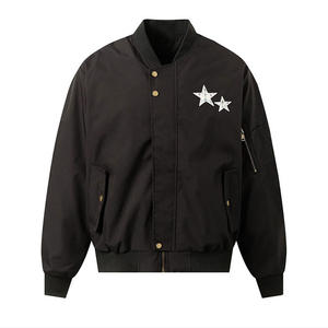 Men's Navy Blue Bomber <b>Jacket</b> Stand Collar Embroidered <b>Stars</b> Casual Solid Color Polyester Autumn Wear Regular Fit - Product Image 2