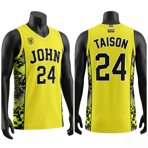 Maillot de basketball en maille polyester premium 180 GSM respirant jaune et noir avec empiècements latéraux camouflage numérique et logo personnalisé par sublimation - Product Image 6