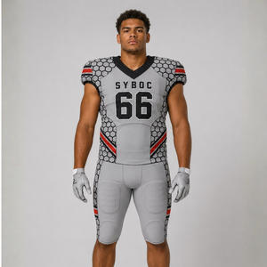 Grey Red Football Uniform Sublimated American Jersey and Pants Set Mens Honeycomb Hex Print Custom Team Integrated <b>Pad</b> - Product Image 1