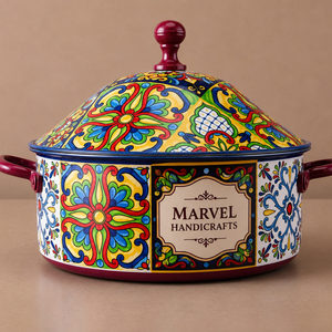 Casserole en acier émaillé peinte à la main de qualité supérieure Marvel Handicrafts avec couvercle, pot de service artisanal coloré, rétention de chaleur, cuisine - Product Image 1