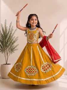 <b>Red</b> Embroidered <b>Lehenga</b> Choli Set With Yellow Dupatta For Girls Traditional Indian Wear Floor Length Polyester Dress - Product Image 2