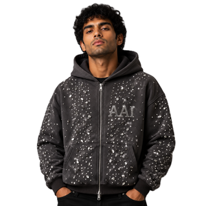Sudadera con capucha informal de lujo para hombre, con gemas, extragrande, con cremallera, estilo bling, chaqueta premium con pedrería termoadhesiva, proveedor de fábrica OEM ODM - Product Image 1