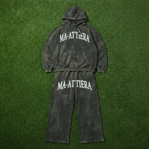 <b>Men</b> Olive <b>Green</b> Botanical Print Zip Up Hoodie <b>Tracksuit</b> Set Loose Fit Streetwear Custom OEM ODM Wholesale - Product Image 5