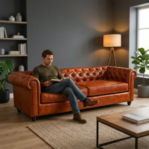 Juego de Sofás Chesterfield de Cuero Genuino Premium – Sofá Chesterfield Clásico de Estilo Italiano en Color Marrón para Muebles de Sala de Estar - Product Image 2