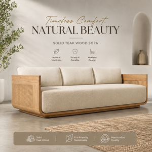Teak <b>Cane</b> <b>Sofa</b> 3 Seater for Hotel Resort Lobby Lounge Project Solid Teak Wood Upholstered Seating OEM Custom Seating Supplier - Product Image 1