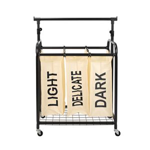 Oceanstar Cesto Portabiancheria a 3 Scomparti con Ruote, Barra Appendiabiti Regolabile, Bianco, Cesti Pieghevoli - Product Image 1