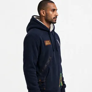 New Customize 500GSM Heavyweight Polar <b>Sherpa</b> <b>Fleece</b> Boxy Oversized Streetwear Hoodie Embroidered Falcon Patch Hoodie - Product Image 4