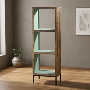 Étagère rustique en bois et fer à 3 cubes avec étagères ouvertes et finition vieillie pour le rangement dans le salon - Product Image 1