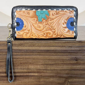 Portefeuille fin pour femme en cuir véritable, style occidental, motif floral coloré et cactus, fait main, pour usage quotidien polyvalent - Product Image 5