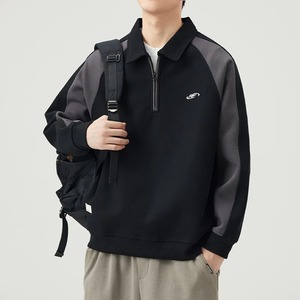 Sudadera de Hombre con Media Cremallera, Manga Raglán, Color Sólido, Cuello Camisero, Estilo Casual para Otoño, Tejido Transpirable de Felpa Francesa - Product Image 5