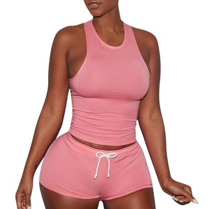 Nouvel ensemble 2 pièces tendance pour femme : débardeur court sexy et short moulant, couleur unie, respirant, en maille, tenue de sport - Product Image 1