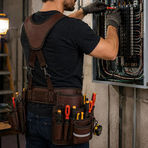Premium leather construction tool pouch belt with multiple compartments hammer <b>holder</b> durable <b>stitching</b> and adjustable for sale - Product Image 3