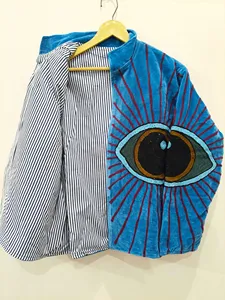 Premium Sky-Blue <b>Velvet</b> Embroidered Suzani Jacket with Evil Eye Pattern Full Sleeve Stand Collar <b>Women's</b> Autumn <b>Coat</b> - Product Image 5