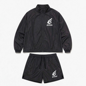 <b>Men's</b> Black 2-Piece Nylon Solid Windbreaker <b>Jacket</b> Shorts Set Drawstring Stand Collar-<b>Summer</b> Athletic Sportswear 2025 EKIN Logo - Product Image 1