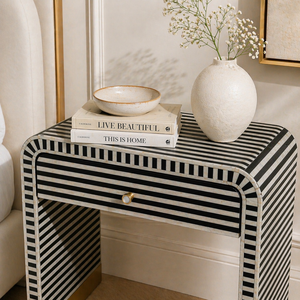 Modern Handmade Durable Bone Inlay Nightstand <b>Bedside</b> Table Black <b>White</b> Striped Side Cabinet for Apartment Farmhouse Bedroom - Product Image 5