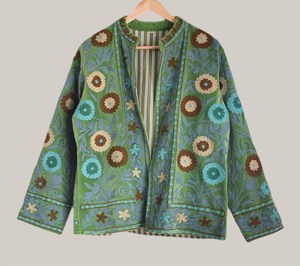 Premium Green Embroidered <b>Velvet</b> Suzani <b>Jacket</b> <b>Women's</b> Stand Collar Boho Floral Pattern Full Sleeve Autumn <b>Jacket</b> - Product Image 1