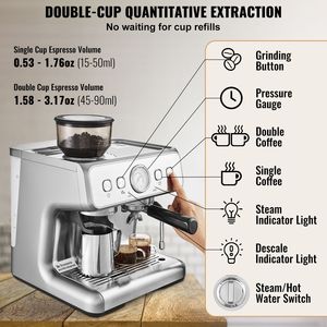 Macchina per Espresso Semi-Automatica 15 Bar con Macinacaffè, Montalatte Manuale e Lancia Vapore, Serbatoio Acqua Rimovibile - Spina USA e AU - Product Image 5