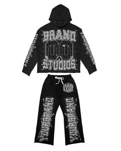 Conjunto de chándal de moda y streetwear personalizado al por mayor: sudadera con capucha y cremallera, efecto desgastado, lavado ácido, borde sin rematar, pedrería y pantalón holgado. - Product Image 6