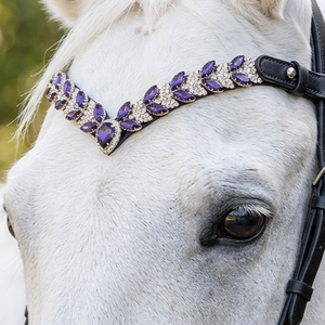Élégante bride de cheval en cuir véritable souple avec cristaux améthyste violets, forme ondulée, fermoir à pression, cousue main, équipement équestre - Product Image 6
