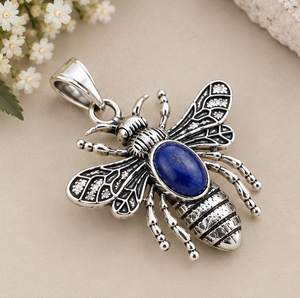 Lapis Lazuli <b>Bee</b> Pendant, 925 Sterling Silver Insect Pendant, Blue Gemstone Jewelry, Detailed Winged <b>Bee</b> Statement Pendant, - Product Image 3