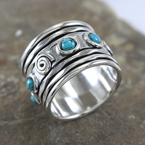 925 Sterling Silver Turquoise Gemstone Spinner Ring Handmade Wide Meditation Worry Ring for Women Rotating Multi-Band Rings - Product Image 2