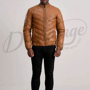 Veste matelassée en cuir marron pour homme, design chevron, coupe ajustée, col montant, en similicuir, chaude et rembourrée pour l'hiver - Product Image 4