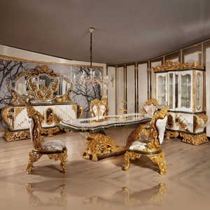 Juego de Comedor de Alta Gama Europeo de Madera Maciza de Caoba, Muebles de Comedor de Lujo con Tallado Dorado y Aparador - Product Image 1
