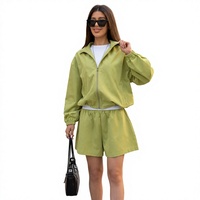 Ensemble de survêtement sportif deux pièces pour femme, manches longues, fermeture éclair, maille 140g, coupe ample, couleur unie, polyester tissé, printemps-été