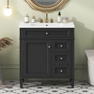 Modern 30\" <b>Bathroom</b> <b>Vanity</b> with Top Sink 2 Drawers and Tip Drawer Single Sink <b>Bathroom</b> <b>Vanity</b> Storage Cabinet - Product Image 3