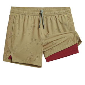 Pantalones Cortos Deportivos para Hombre, Transpirables, Perforados, con Cordón Ajustable, Cintura Media, Secado Rápido, con Forro Interior, Estilo Deportivo, Color Bronceado con Ribete Rojo - Product Image 1