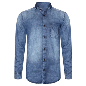 Chemise en jean bleu délavé pour homme Enzyme Medium, en coton, manches longues, poche poitrine, fermeture boutonnée, coupe décontractée - Product Image 1
