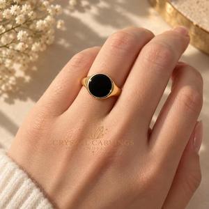 Natural <b>Black</b> Onyx Signet <b>Ring</b> 15mm Round Gemstone <b>Ring</b> Unisex <b>Mens</b> Statement Jewelry Custom Gold Plated Silver <b>Ring</b> - Product Image 6