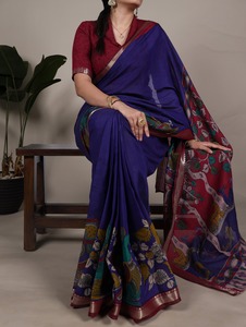 Sarees de Viscosa Chanderi, Colecciones para Bodas, Colecciones Festivas, Sarees Estampados al por Mayor, Sarees Chanderi Kalamkari - Product Image 2