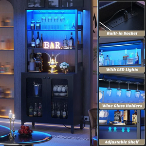 Armoire à vin haute avec éclairage LED, porte-verres, prises électriques, étagères de rangement pour vin, armoire à liqueurs moderne autoportante - Product Image 6